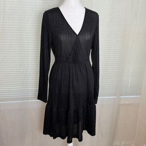 CUPSHE M Black V-Neck Long Sleeve Knit Ribbed Swim Cover-up Ruffle Dress